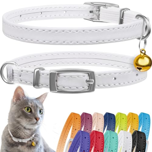 CollarDirect Leather Cat Collar with Bell - Kitten Collar, Small and Big Cat Strap for Boy Cats, Girl Cats with Safety Elastic Strap (Neck Fit 8"-11", White) - Image 1