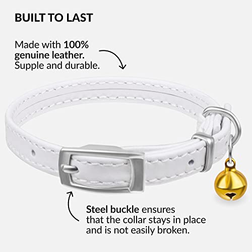 CollarDirect Leather Cat Collar with Bell - Kitten Collar, Small and Big Cat Strap for Boy Cats, Girl Cats with Safety Elastic Strap (Neck Fit 8"-11", White) - Image 2