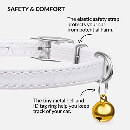 CollarDirect Leather Cat Collar with Bell - Kitten Collar, Small and Big Cat Strap for Boy Cats, Girl Cats with Safety Elastic Strap (Neck Fit 8"-11", White) - Image 3