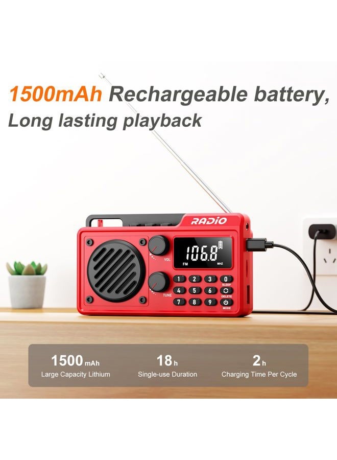 kamapulo Portable Radio AM FM 1500mAh Rechargeable with Best Reception, Transistor shortwave Radio Wireless Bluetooth Speaker, with Large LCD Screen, Support TF Card U Disk, Earphone, Sleep Timer (Red) - Image 2