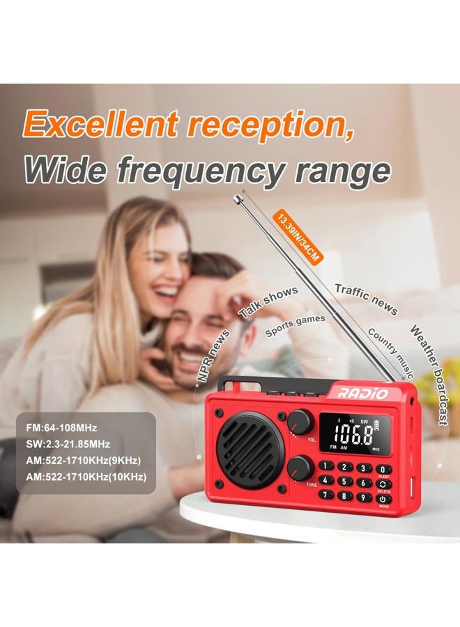 kamapulo Portable Radio AM FM 1500mAh Rechargeable with Best Reception, Transistor shortwave Radio Wireless Bluetooth Speaker, with Large LCD Screen, Support TF Card U Disk, Earphone, Sleep Timer (Red) - Image 4