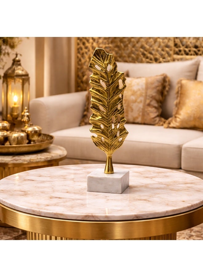 Handmade Golden Leaf Decorative Sculpture with Marble Base, - Image 1