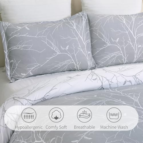 Vaulia Soft Microfiber Duvet Cover Sets, Branches Floral Theme, King Size Gray Color Design 3-Piece Set (1 Duvet Cover 2 Pillow Shams) - Image 3