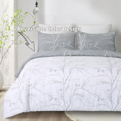 Vaulia Soft Microfiber Duvet Cover Sets, Branches Floral Theme, King Size Gray Color Design 3-Piece Set (1 Duvet Cover 2 Pillow Shams) - Image 2