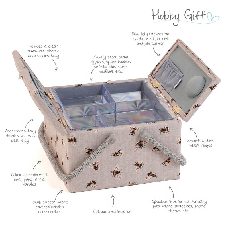 Hobby Gift صندوق خياطة كبير بغطاء مزدوج هدية هواية مع مقبض وصينية داخلية ووسادة دبابيس وجيوب لوازم الخياطة والحياكة والهوايات - Image 2