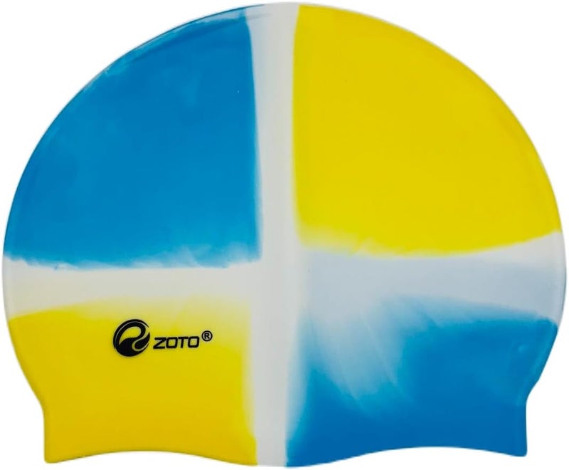 ZOTO Silicone Swim Cap with Multi-Colour Blue and Yellow Design - Image 3