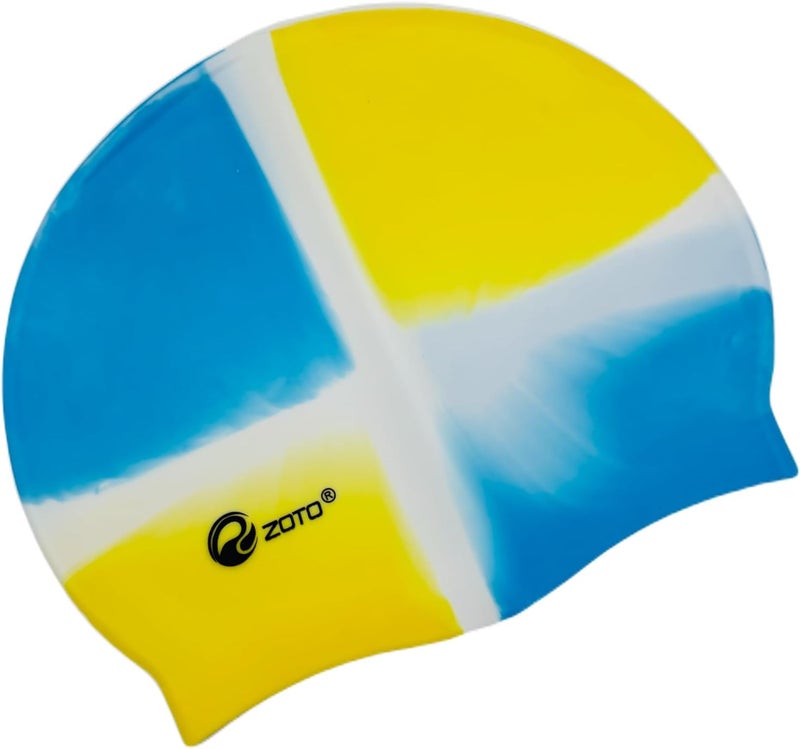 ZOTO Silicone Swim Cap with Multi-Colour Blue and Yellow Design - Image 1