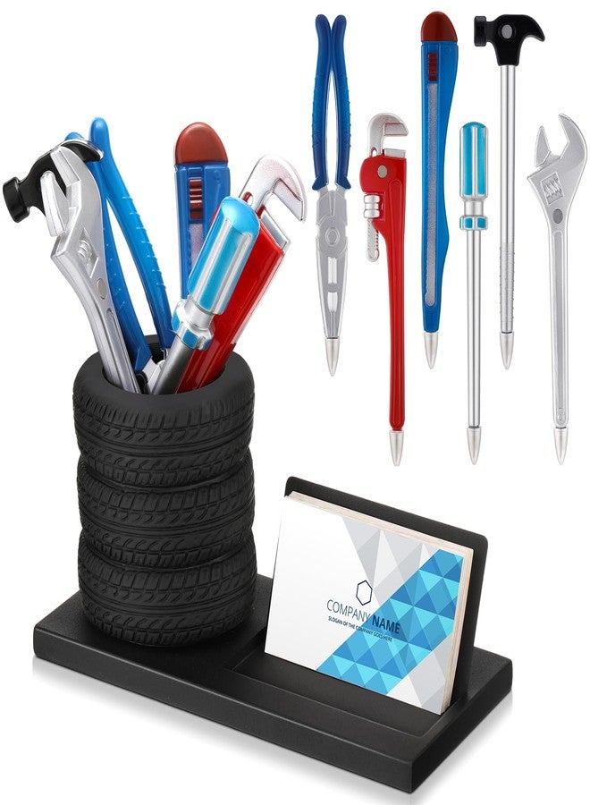 Feifeiya 7 Pcs Novelty Tool Pens Set Tire Shaped Pencil Holder Business Card Holder Wrench Pens Christmas Car Salesman Gift Fun Tire Mechanic Desk Decor for Desk Office Men Car Lover(Black) - Image 1