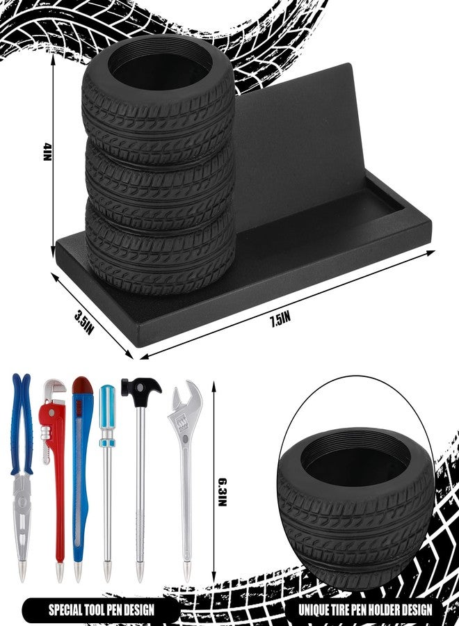 Feifeiya 7 Pcs Novelty Tool Pens Set Tire Shaped Pencil Holder Business Card Holder Wrench Pens Christmas Car Salesman Gift Fun Tire Mechanic Desk Decor for Desk Office Men Car Lover(Black) - Image 2