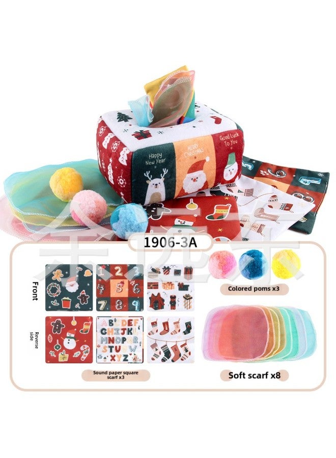Baby Early Education Cloth Book Tissue Box Ring Paper Square Towel Cognitive Animal English Tear Not To Rip Children's Tissue Toy-Color:1906-3A Towel Box With Pompom 79.8G Volume Weight 350 Grams  - Image 1