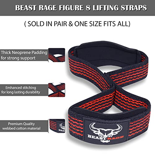 BEAST RAGE Heavy Duty Lifting Wrist Straps for Weightlifting, Figure 8 Loop Powerlifting Deadlift Strap wraps Weights Padded Support Professional Fitness Gym Bodybuilding (Red) - Image 3