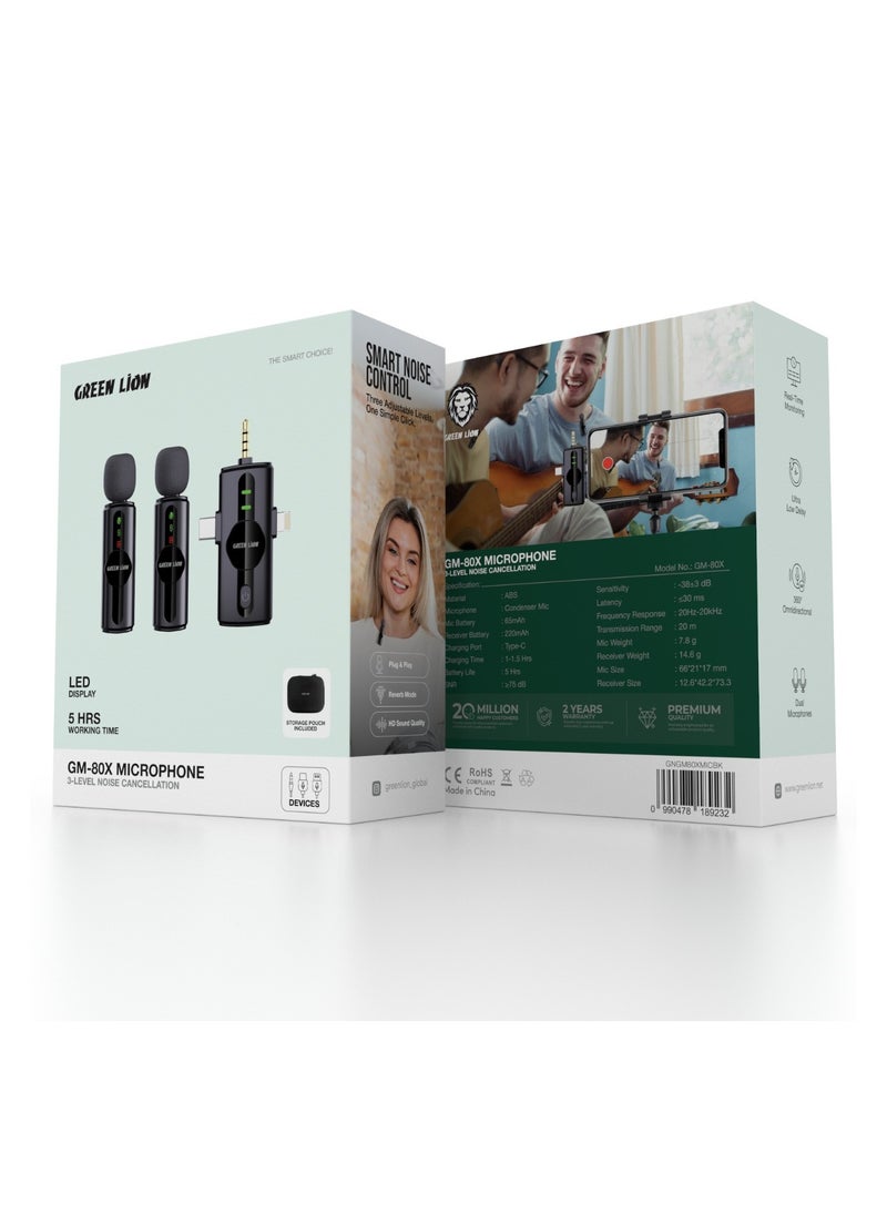 Dual Microphone GM-80X With 3-Level Noise Cancellation and LED Display / Real-Time Monitoring / 360° Omnidirectional / Plug & Play / HD Sound Quality - Black