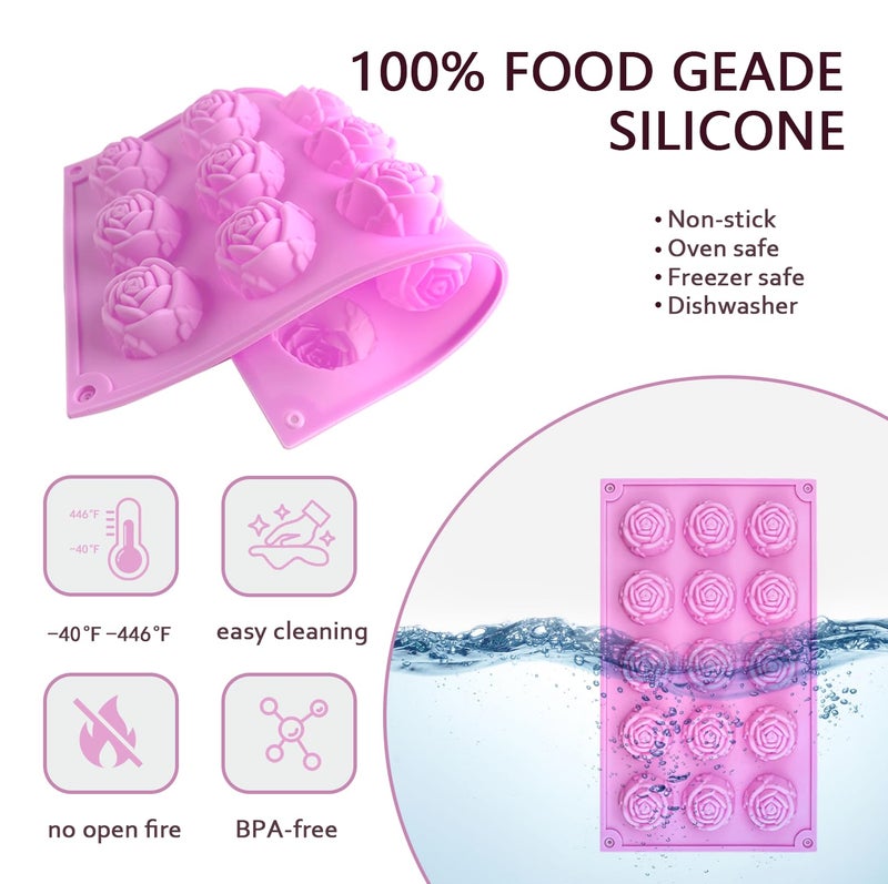 MEMOVAN 15 Cavity Rose Silicone Fondant Mold 2pcs 3D Flower Cake Resin Mold Rose Candy Chocolate Mold Flower Ice Tray Molds for Sugarcraft Cupake Decoration Soap Candle Making Clay Lotion Bar Wax - Image 3