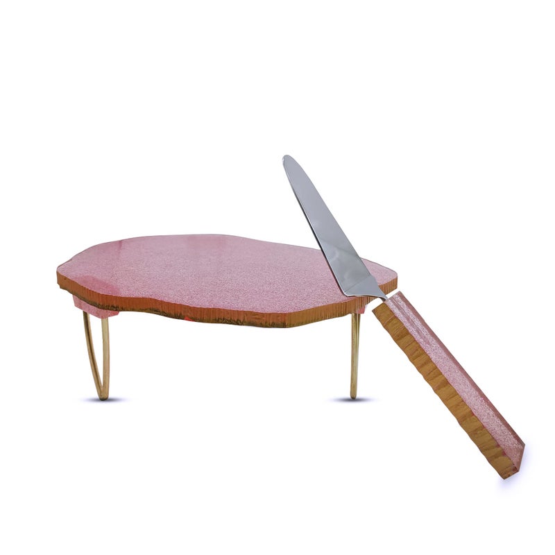 Vintageware حامل كعكة من الراتنج بتصميم رخام قديم مع خادم، صحن كب كيك وبيتزا مع 3 قواعد وخادم (وردي) - Image 4