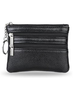 Oasisgalore Black Leather Coin Purse with Key Ring - Small Zipper Wallet for Men and Women  - Image 1