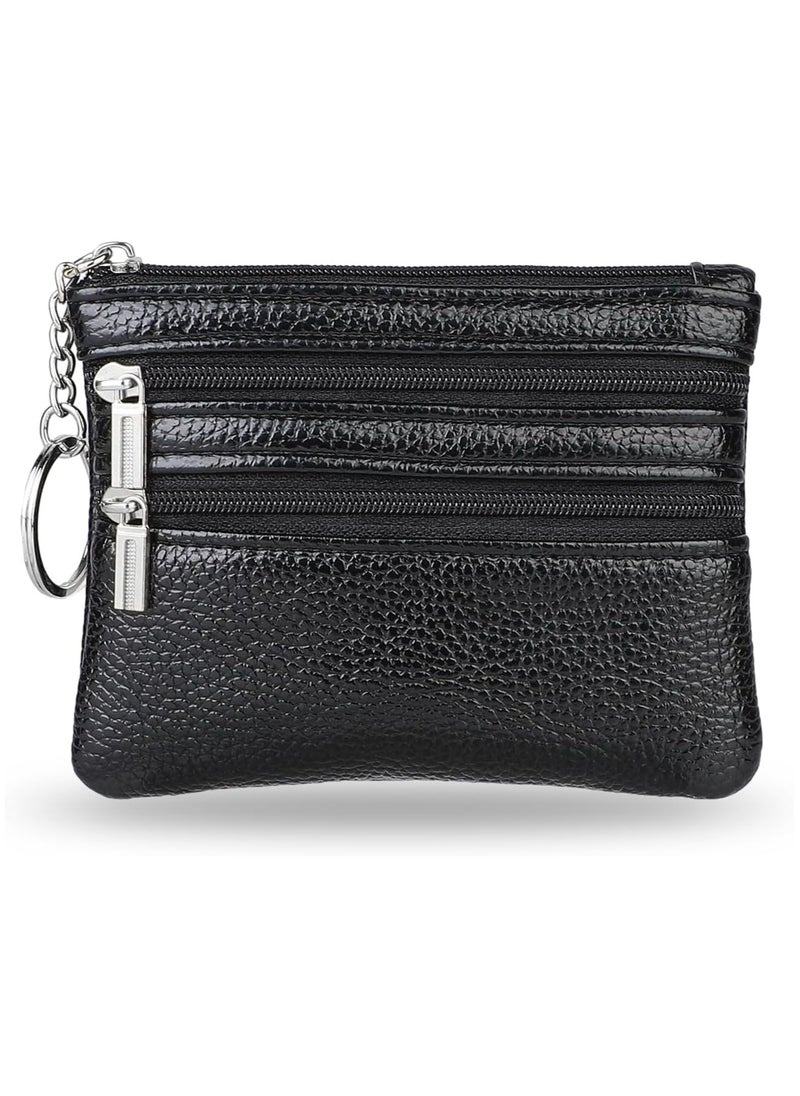 Oasisgalore Black Leather Coin Purse with Key Ring - Small Zipper Wallet for Men and Women  - Image 1
