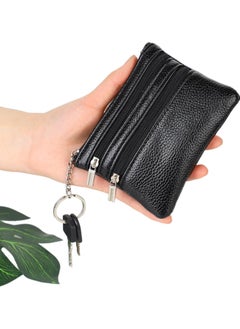 Oasisgalore Black Leather Coin Purse with Key Ring - Small Zipper Wallet for Men and Women  - Image 2
