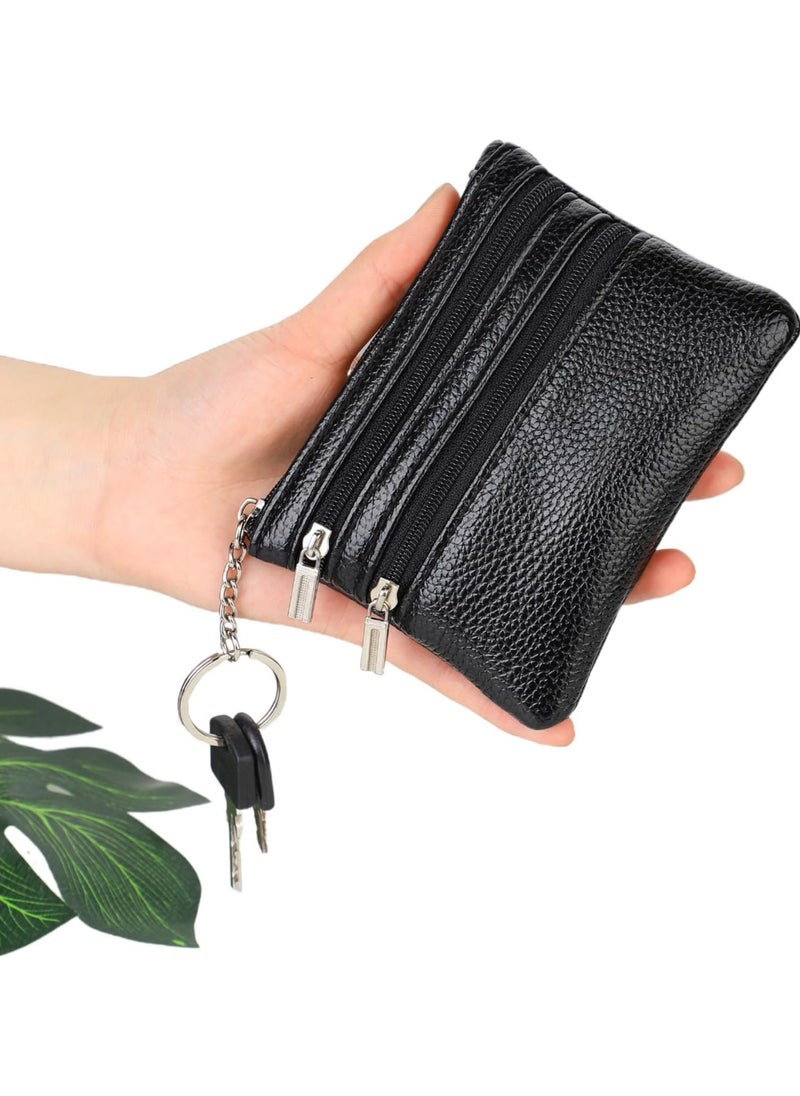 Oasisgalore Black Leather Coin Purse with Key Ring - Small Zipper Wallet for Men and Women  - Image 2