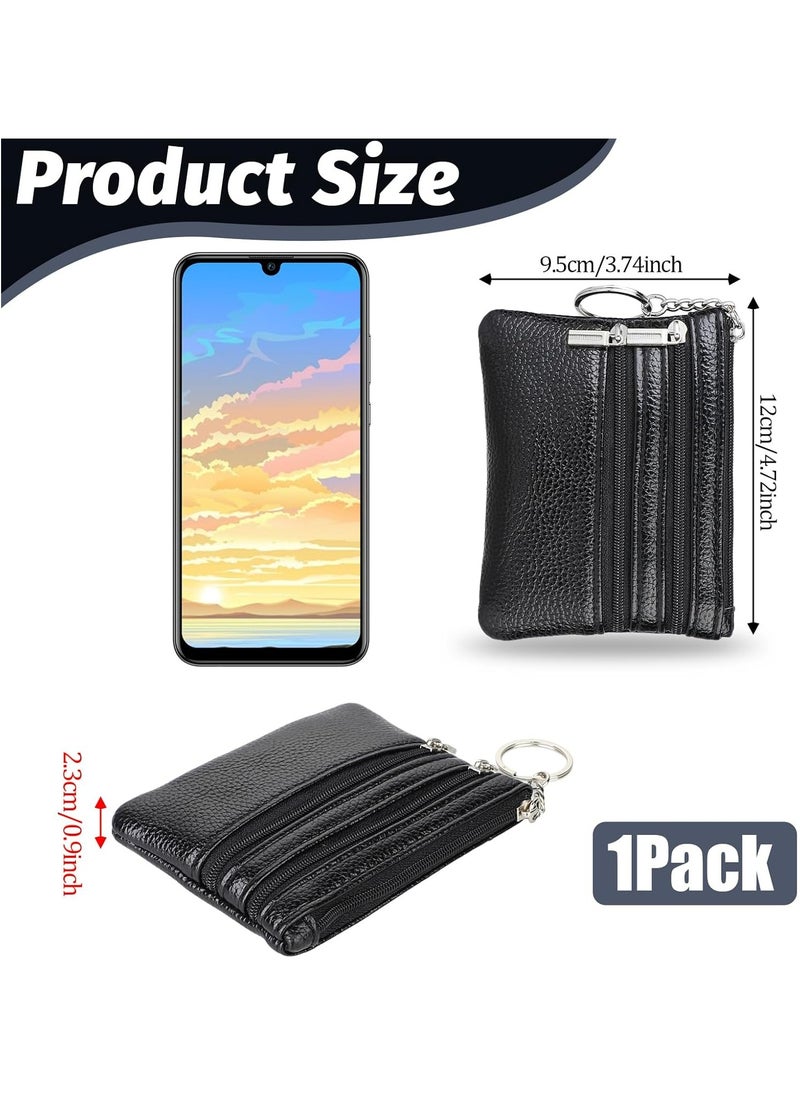 Oasisgalore Black Leather Coin Purse with Key Ring - Small Zipper Wallet for Men and Women  - Image 3