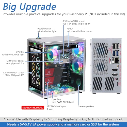Freenove Raspberry Pi 5 NAS Case Kit Quad M2 NVMe SSD Slots 5 PWM ARGB Fans Light Sync CPU Tower Cooler 43 Touchscreen Stereo Speakers 35 mm Audio SSD NOT Included - Image 3