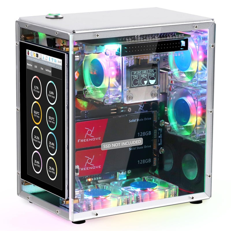 Freenove Raspberry Pi 5 NAS Case Kit Quad M2 NVMe SSD Slots 5 PWM ARGB Fans Light Sync CPU Tower Cooler 43 Touchscreen Stereo Speakers 35 mm Audio SSD NOT Included - Image 2