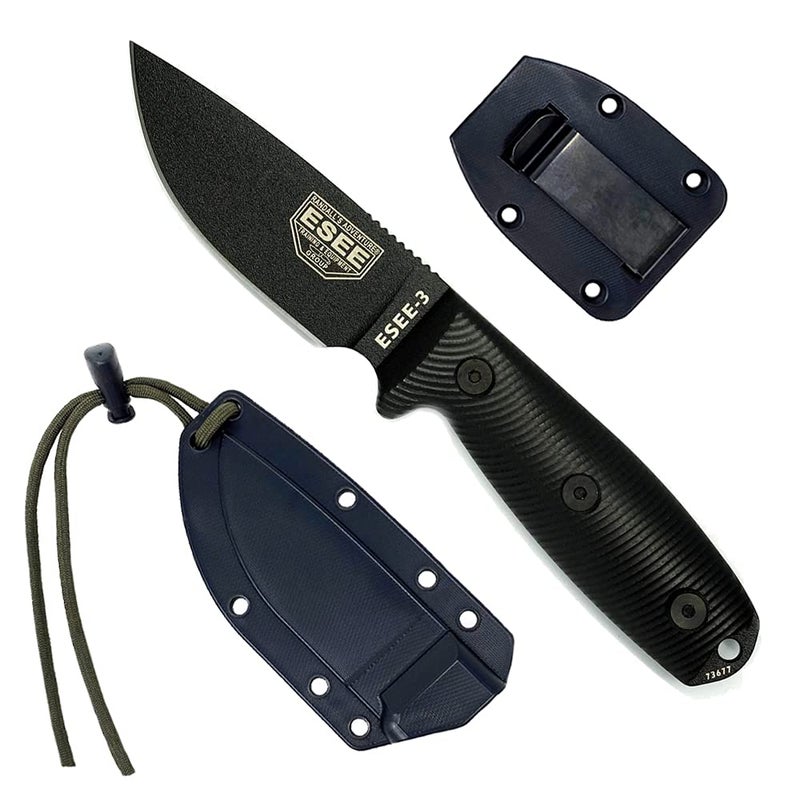 ESEE3 Fixed Blade Knife with Sheath 1095 Carbon Steel Tactical Knife with 3D Contoured Handle Made in USA Black Blade Black G10 3D Handle