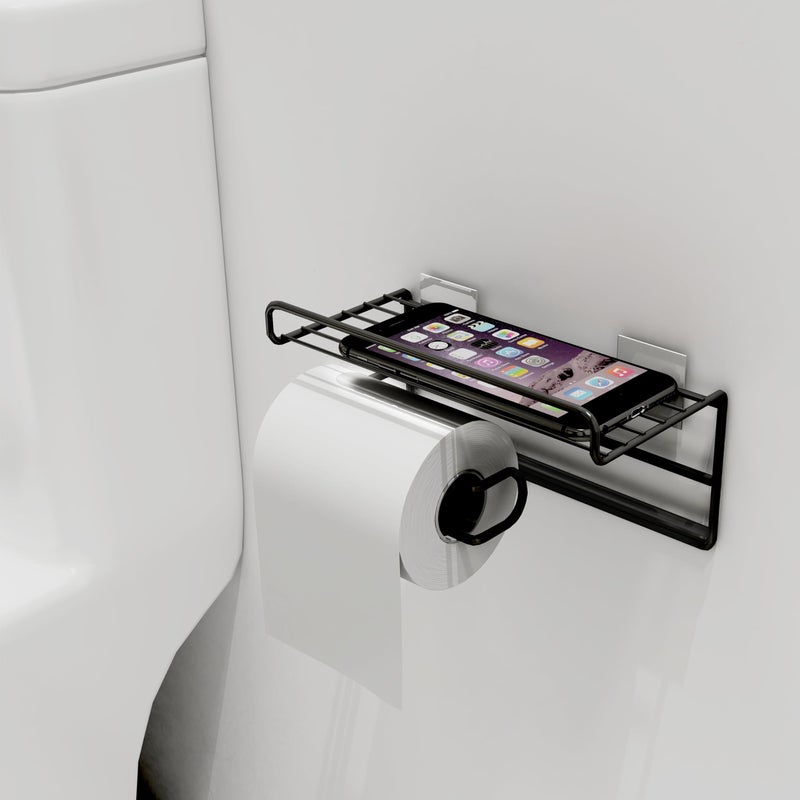 Plantex GI Steel Self Adhesive Toilet Paper Holder/Tissue Paper Roll Holder with Mobile Stand/Towel Bar Hanger Storage Rack/Bathroom Accessories(Black) - Image 5