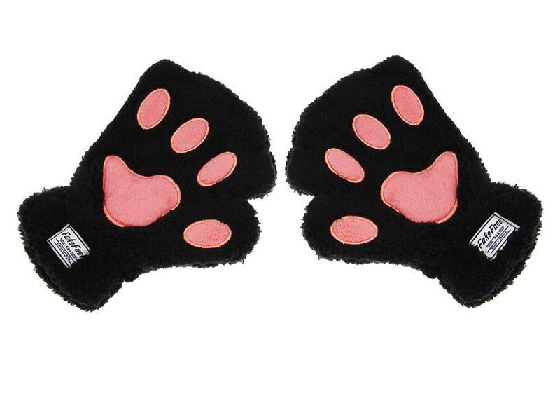 Fakeface Starsource Lovely Cat Claw Bear Paw Style Winter Plush Half Finger Gloves Mitten For Girls,Black,One Size - Image 2
