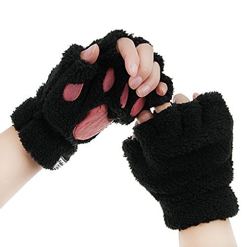 Fakeface Starsource Lovely Cat Claw Bear Paw Style Winter Plush Half Finger Gloves Mitten For Girls,Black,One Size - Image 1