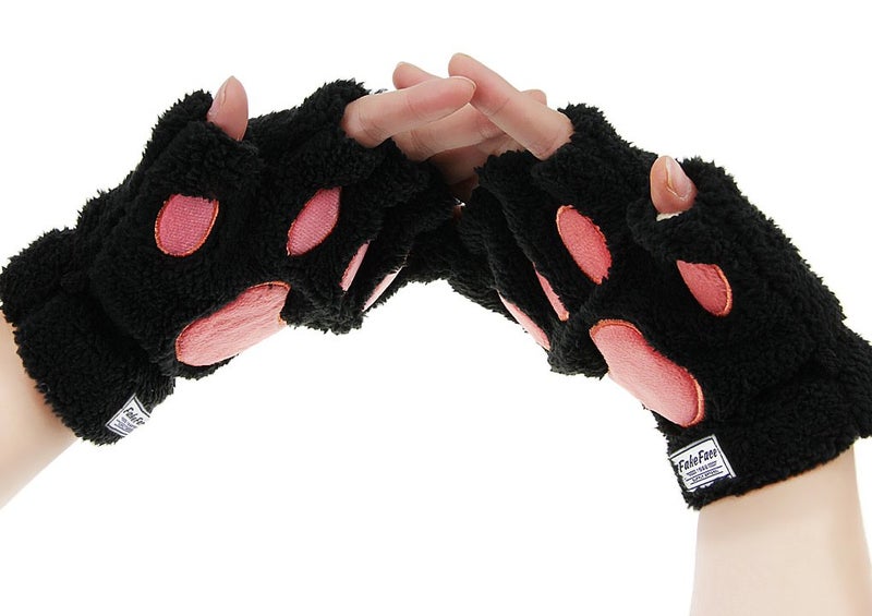 Fakeface Starsource Lovely Cat Claw Bear Paw Style Winter Plush Half Finger Gloves Mitten For Girls,Black,One Size - Image 3