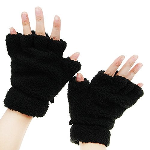 Fakeface Starsource Lovely Cat Claw Bear Paw Style Winter Plush Half Finger Gloves Mitten For Girls,Black,One Size - Image 4