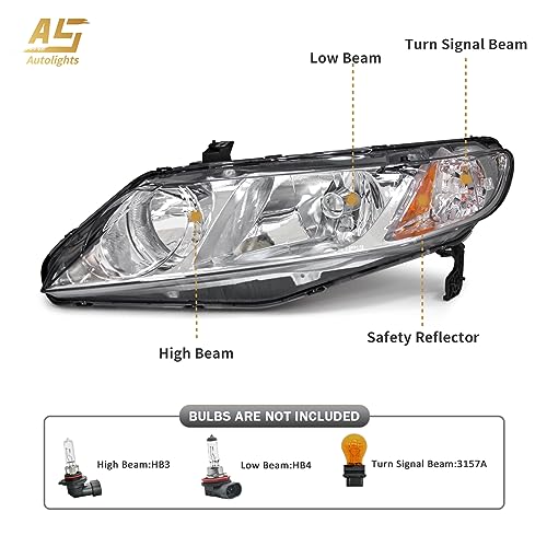 AS Headlight Assembly Compatible with 2006-2011 Honda Civic 4-Door Sedan fit for 2006 2007 2008 2009 2010 2011 Civic 4DR Headlamps Replacement Chrome Housing Amber Reflector - Image 3