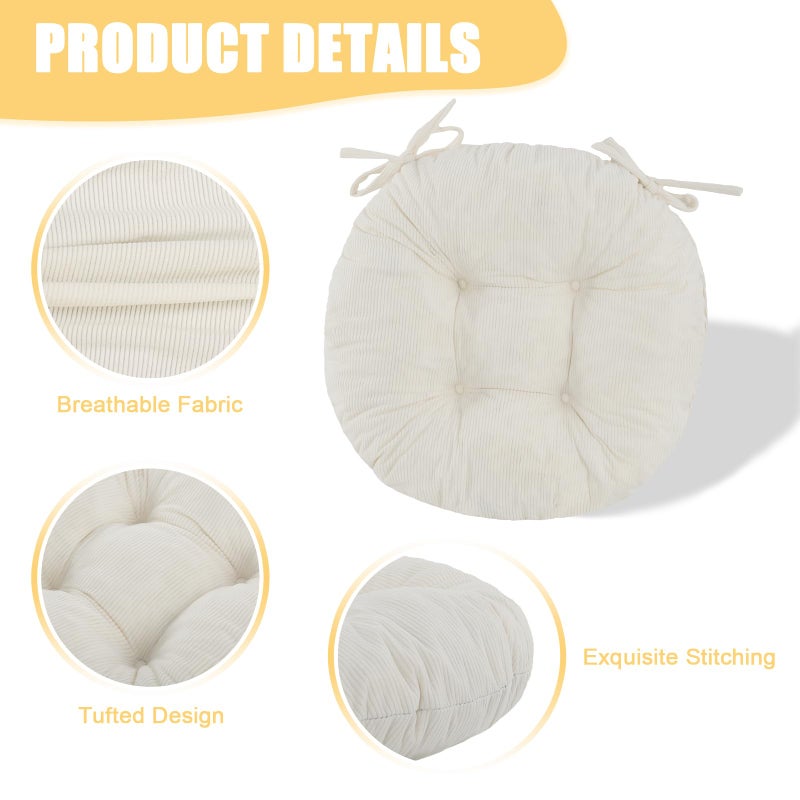 idee-home Round Chair Cushions Set of 2, Round Stool Seat Cushion 16 inch, Circle Chair Pads Corduroy with Ties Indoor Barstool Pads for Kitchen, Beige - Image 4