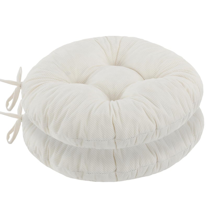 idee-home Round Chair Cushions Set of 2, Round Stool Seat Cushion 16 inch, Circle Chair Pads Corduroy with Ties Indoor Barstool Pads for Kitchen, Beige - Image 1