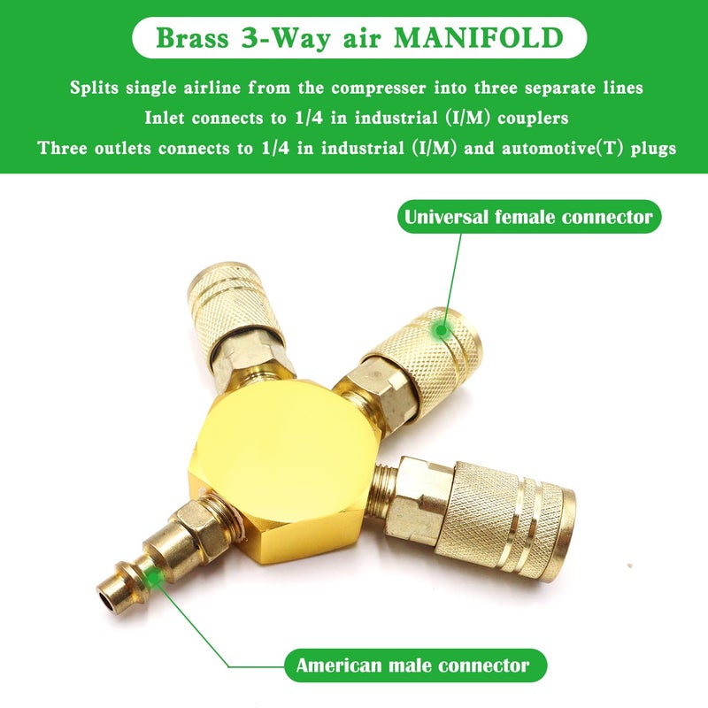 Tnuocke Air Splitter 3-Way Manifold Hex Style with 3 Pieces Brass Industrial Coupler and 1/4" Plug,Air Compressor Hose Accessories Quick Connect Fittings - Image 3