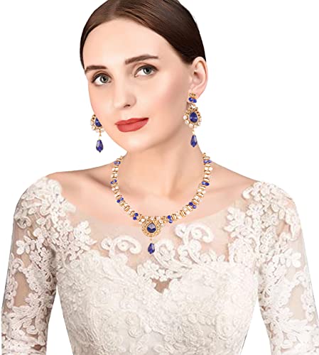 Touchstone Indian Bollywood Traditional Studded Look Rhinestone Faux Blue Sapphire Drops Designer Jewelry Necklace Set In Blue Tone For Women. - Image 2