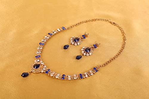Touchstone Indian Bollywood Traditional Studded Look Rhinestone Faux Blue Sapphire Drops Designer Jewelry Necklace Set In Blue Tone For Women. - Image 4