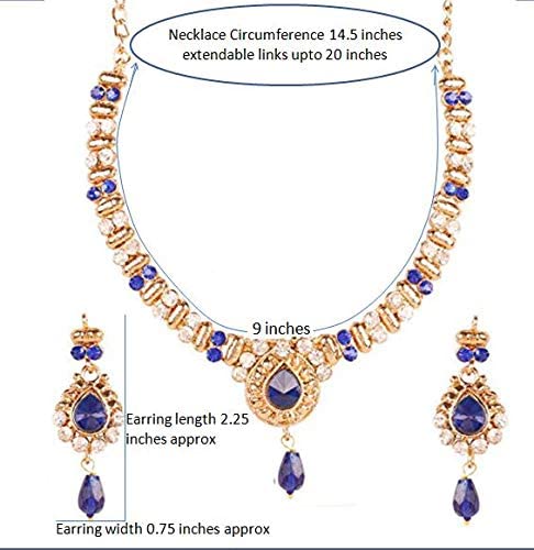 Touchstone Indian Bollywood Traditional Studded Look Rhinestone Faux Blue Sapphire Drops Designer Jewelry Necklace Set In Blue Tone For Women. - Image 3