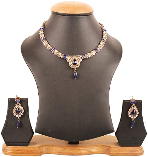 Touchstone Indian Bollywood Traditional Studded Look Rhinestone Faux Blue Sapphire Drops Designer Jewelry Necklace Set In Blue Tone For Women. - Image 5
