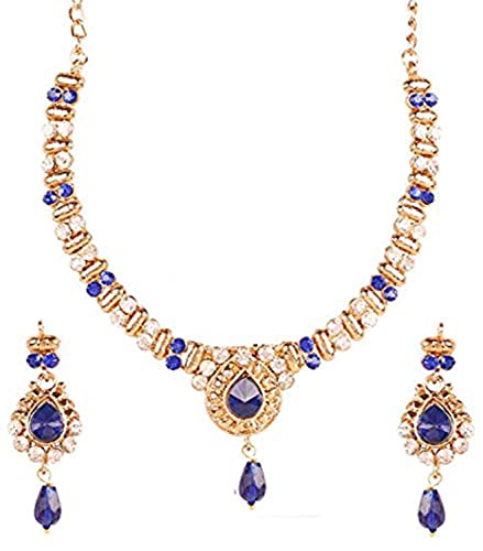 Touchstone Indian Bollywood Traditional Studded Look Rhinestone Faux Blue Sapphire Drops Designer Jewelry Necklace Set In Blue Tone For Women. - Image 1