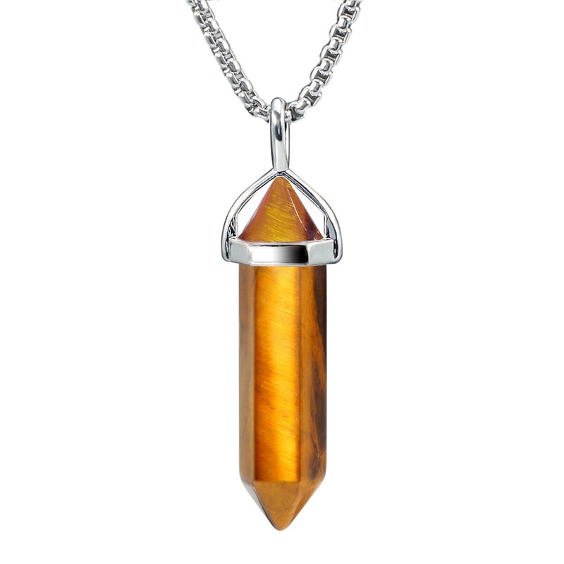 BEADNOVA Nature Tiger Eye Necklace Gemstone Crystal Necklace for Women Healing Stone pendant Jewelry for Men Pendulum Divination Hexagonal pendant (18 Inches Stainless Steel Chain) - Image 1