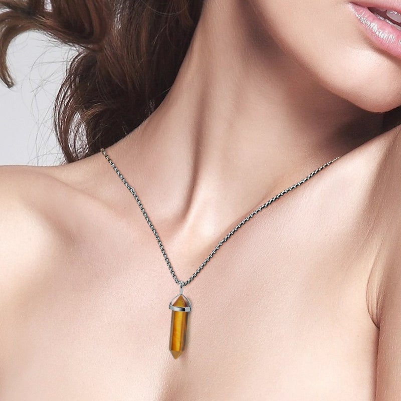 BEADNOVA Nature Tiger Eye Necklace Gemstone Crystal Necklace for Women Healing Stone pendant Jewelry for Men Pendulum Divination Hexagonal pendant (18 Inches Stainless Steel Chain) - Image 4