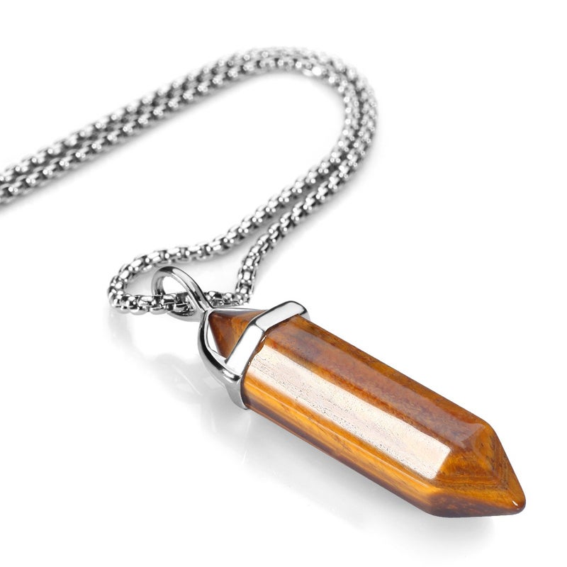 BEADNOVA Nature Tiger Eye Necklace Gemstone Crystal Necklace for Women Healing Stone pendant Jewelry for Men Pendulum Divination Hexagonal pendant (18 Inches Stainless Steel Chain) - Image 2