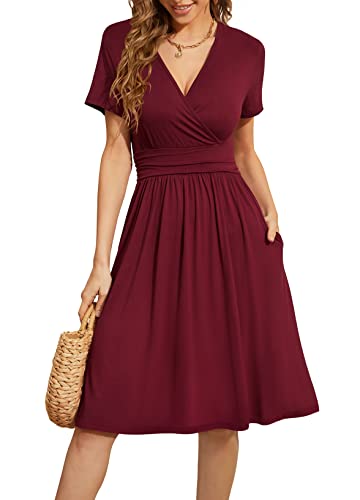 WEACZZY Womens Summer Dress Wrap V-Neck Party Dress Knee Length Casual Dresses for Women,Wine Red,L - Image 1
