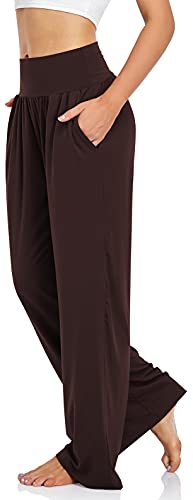 UEU Women's Casual Loose Wide Leg Cozy Pants Yoga Sweatpants Comfy High Waisted Sports Athletic Lounge Pants with Pockets (Dark Coffee, Medium) - Image 2