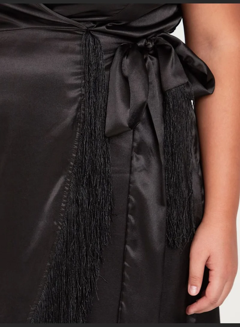 Styli Fringed Satin Wrap Dress