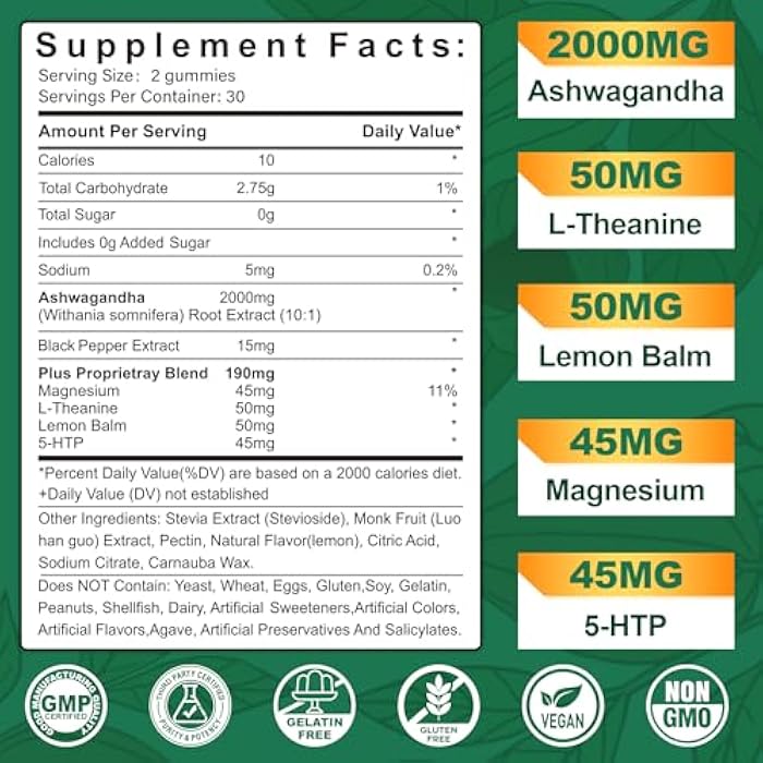 NEVISS Ashwagandha Gummies 2000mg, Feel Refreshed, Plus Proprietary Blend with L-Theanine, 5-HTP, Lemon Balm, Magnesium for Calm, Zzzs & Relaxation Support, 120 Count - Image 2