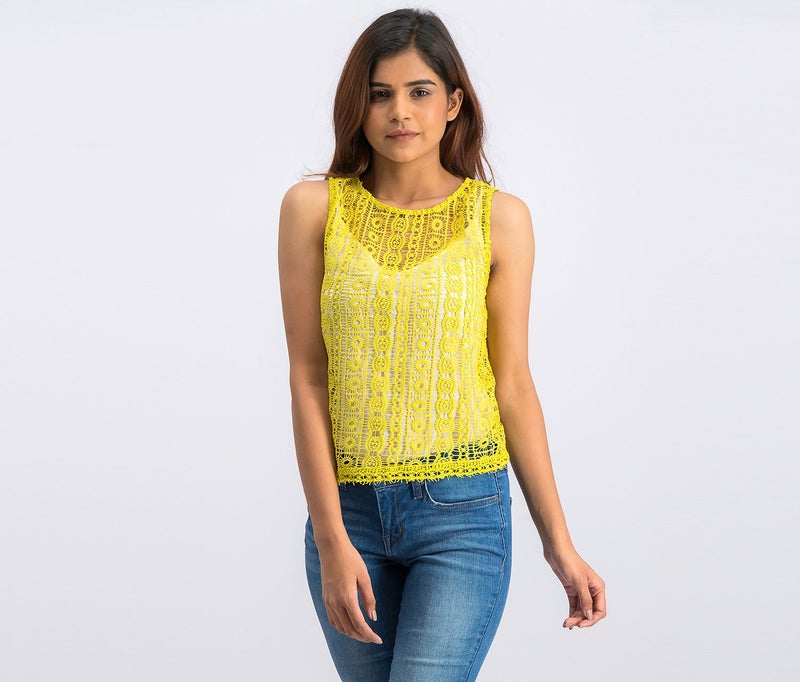 MANGO Women Sleeveless Openwork Top, Yellow - Image 1