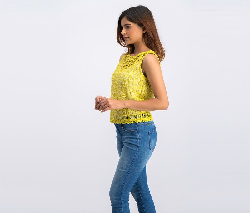 MANGO بلوزة نسائية بدون أكمام بتصميم مفتوح، صفراء - Image 2