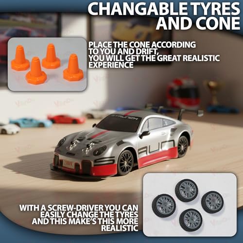 VikriDA 1:24 Scale RC Drift Car - 4WD High-Speed RC Racing Car with LED Lights, 2.4GHz Controller, Rechargeable Batteries & Drifting Tires - Grey & Red - Image 3